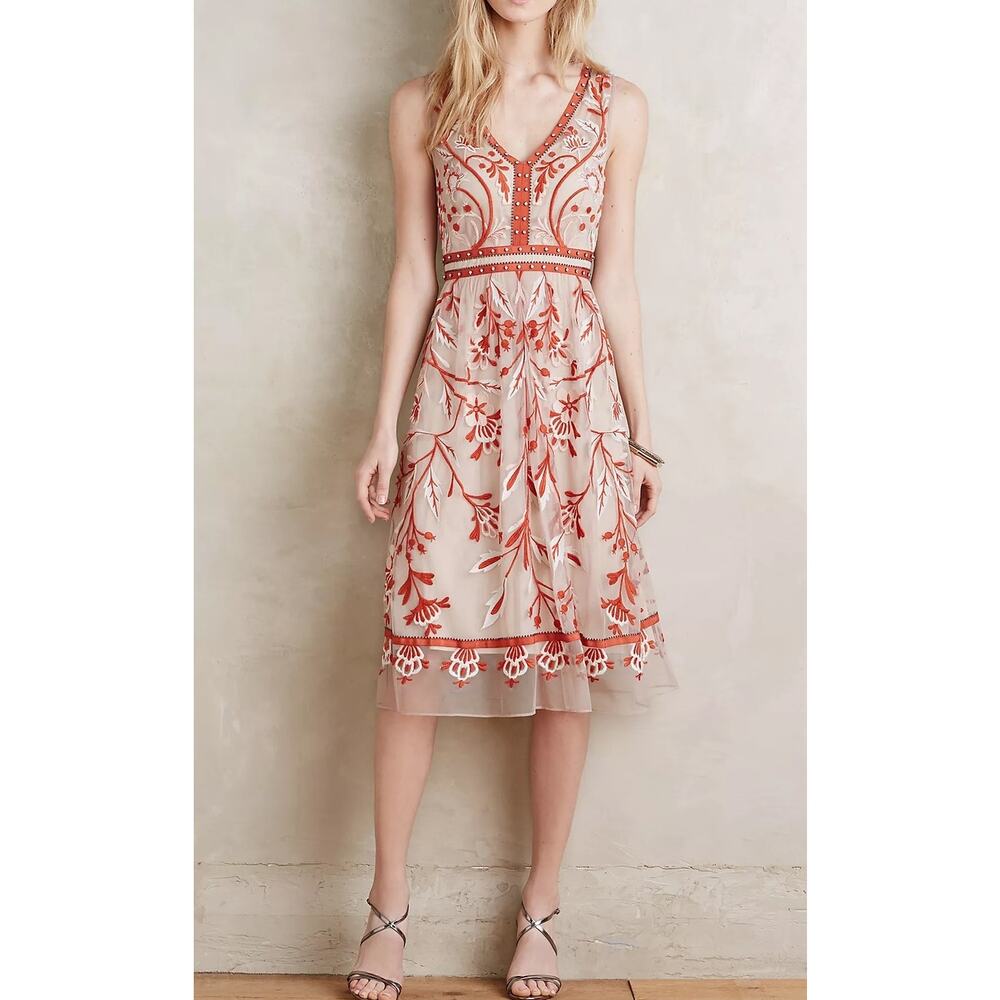 Anthropologie Beige Midi Dress with Rust Floral Embroidery